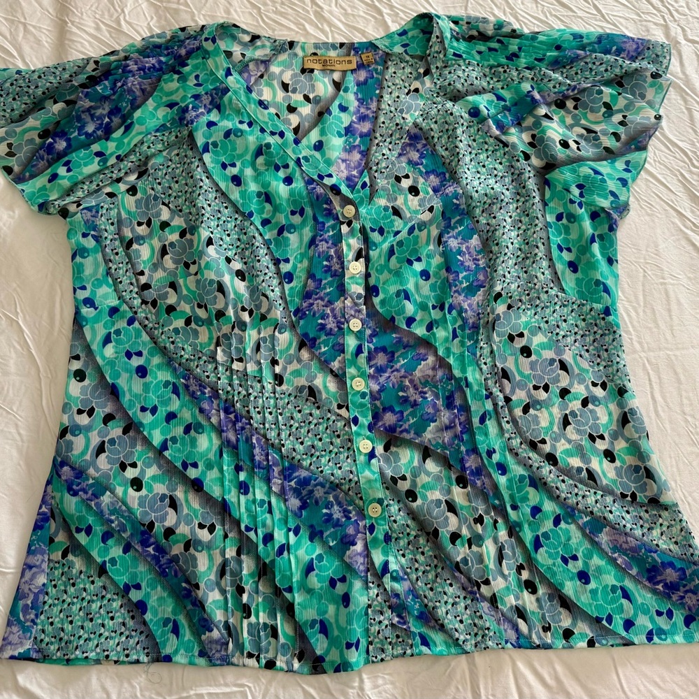 Notations Teal and Blue Button-Front Women's Top